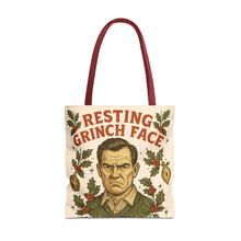 Load image into Gallery viewer, 2 Sided Printed Holiday Tote Bag - "Resting Grinch Face & Keep Calm & Shop On"