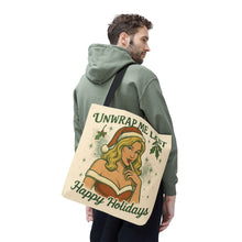 Load image into Gallery viewer, 2 Sided Design Holiday Tote Bag - "I've Been Naughty" and "Unwrap Me Last - Happy Holidays"