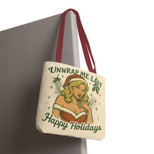 Load image into Gallery viewer, 2 Sided Design Holiday Tote Bag - "I've Been Naughty" and "Unwrap Me Last - Happy Holidays"