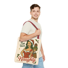 Load image into Gallery viewer, 2 Printed Sided Holiday Tote Bag - "I've Been Naughty" and "Keep Calm and Shop On"