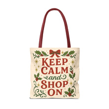 Load image into Gallery viewer, 2 Sided Printed Holiday Tote Bag - "Resting Grinch Face & Keep Calm & Shop On"