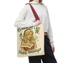 Load image into Gallery viewer, 2 Sided Design Holiday Tote Bag - "I've Been Naughty" and "Unwrap Me Last - Happy Holidays"