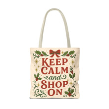 Load image into Gallery viewer, 2 Sided Printed Holiday Tote Bag - "Resting Grinch Face & Keep Calm & Shop On"