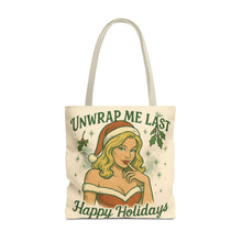 Load image into Gallery viewer, 2 Sided Design Holiday Tote Bag - "I've Been Naughty" and "Unwrap Me Last - Happy Holidays"