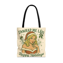 Load image into Gallery viewer, 2 Sided Design Holiday Tote Bag - "I've Been Naughty" and "Unwrap Me Last - Happy Holidays"