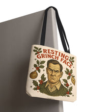 Load image into Gallery viewer, 2 Sided Printed Holiday Tote Bag - "Resting Grinch Face & Keep Calm & Shop On"