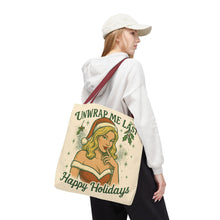 Load image into Gallery viewer, 2 Sided Design Holiday Tote Bag - "I've Been Naughty" and "Unwrap Me Last - Happy Holidays"