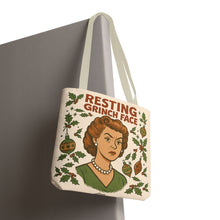 Load image into Gallery viewer, 2 Printed Sided Holiday Tote Bag - "Resting Grinch Face & Keep Calm & Shop On"