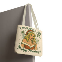 Load image into Gallery viewer, 2 Sided Design Holiday Tote Bag - "I've Been Naughty" and "Unwrap Me Last - Happy Holidays"