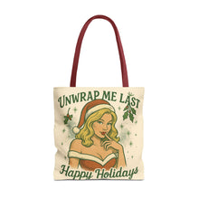 Load image into Gallery viewer, 2 Sided Design Holiday Tote Bag - "I've Been Naughty" and "Unwrap Me Last - Happy Holidays"