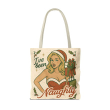 Load image into Gallery viewer, 2 Sided Design Holiday Tote Bag - "I've Been Naughty" and "Unwrap Me Last - Happy Holidays"