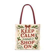 Load image into Gallery viewer, 2 Printed Sided Holiday Tote Bag - "Resting Grinch Face & Keep Calm & Shop On"