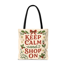 Load image into Gallery viewer, 2 Printed Sided Holiday Tote Bag - "Resting Grinch Face & Keep Calm & Shop On"