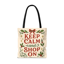 Load image into Gallery viewer, 2 Sided Printed Holiday Tote Bag - "Resting Grinch Face & Keep Calm & Shop On"