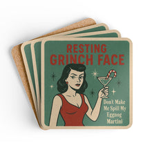 Load image into Gallery viewer, Holiday Corkwood Coaster 4 piece Set - Resting Grinch Face
