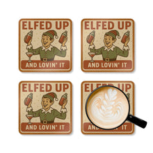 Load image into Gallery viewer, Festive Cork 4 Piece Coaster Set - &#39;Elfed Up &amp; Lovin&#39; It&#39;

