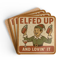 Load image into Gallery viewer, Festive Cork 4 Piece Coaster Set - &#39;Elfed Up &amp; Lovin&#39; It&#39;
